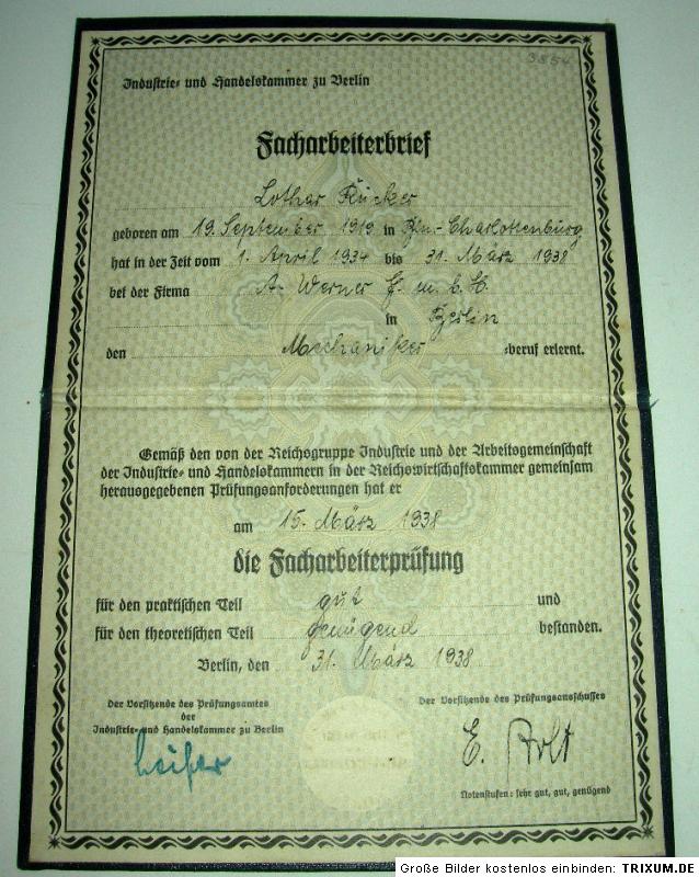 Facharbeiterbrief Mechaniker 1938 IHK Berlin Sammler  